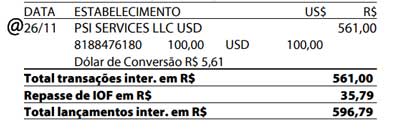 Exemplo compra em dólar no cartão