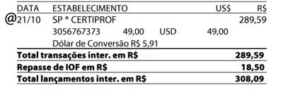 Fatura de cartão de crédito com compra em dólar
